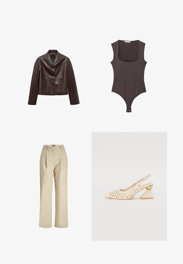 Bruine leren cropped jack met een notch-kraag, drie knopen en twee voortassen. Glad textuur met een gestructureerde vorm.; Bruine mouwloze bodysuit met vierkante hals, gemaakt van zachte stof. Bevat een drukknoopsluiting aan de onderkant en heeft een aansluitende silhouet.; Beige, wijde broek gemaakt van lichtgewicht stof. Heeft voorplooien, een gladde tailleband en een label binnenin de tailleband.; Beige slingback schoen met geperforeerde bovenkant, puntige neus en een contrasterende driehoekige hak met een gouden accent. Over het algemeen een gladde textuur.