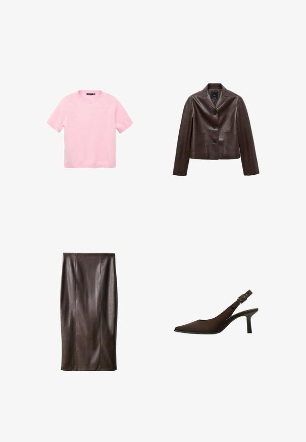 Brązowa skórzana kurtka o kroju krótkim z klapami, trzema guzikami i dwoma przednimi kieszeniami. Gładka faktura z wyraźnie zarysowanym kształtem.; Różowy sweter z krótkim rękawem, wykonany z miękkiego materiału, charakteryzujący się okrągłym dekoltem i prostym krojem bez wzorów czy akcentów.; Brąskowy skórzany ołówkowy spódniczka o gładkiej fakturze, sięgająca do kolan, z pionowymi szwami w celu podkreślenia designu. Brak dodatkowych elementów lub akcentów.; Brązowe zamszowe czółenka na pasek z odkrytą piętą, z wydłużonym noskiem, eleganckim fasonem, cienką szpilką oraz z akcentem klamry na pasku wokół kostki.