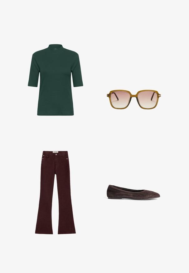 Brown leather cropped jacket with a notched collar, three buttons, and two front pockets. Smooth texture with a structured shape.; Dark green ribbed short-sleeve top with a high neck and a fitted silhouette. Smooth texture, minimalistic design, no visible patterns or accents.; Burgundy flared jeans made of cotton blend fabric, featuring five pockets, metal hardware, and a smooth texture. Classic design with front zipper.; Brown suede ballet flat with a pointed toe and low profile. Features smooth texture and minimalistic design. No visible hardware or accents.; Square sunglasses with a light brown translucent frame, gradient pink lenses, and dark brown temple arms. Minimalist design with subtle hardware accents.; ESTRO DUŻA Z WŁOSKIEJ - Handbag - dark brown