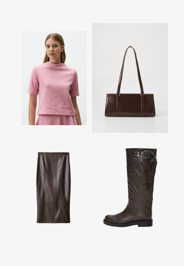 Giacca cropped in pelle marrone con colletto a revers, tre bottoni e due tasche frontali. Texture liscia con una forma strutturata.; Jimmy Key HALF TURTLENECK SHORT SLEEVE - T-shirt basic - pink; Gonna a matita in pelle marrone con una texture liscia, lunga fino al ginocchio, caratterizzata da cuciture verticali per il design. Senza accessori o dettagli aggiuntivi.; Stivale in pelle marrone fino al ginocchio con una finitura texturizzata, dotato di una fibbia e di dettagli a scatto laterali, e una suola di gomma piatta.; Borsa in pelle verniciata marrone di forma rettangolare, con due manici lunghi e sottili accenti curvi sul davanti.