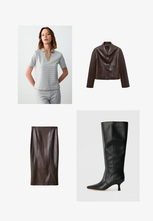 Bruine leren cropped jack met een notch-kraag, drie knopen en twee voortassen. Glad textuur met een gestructureerde vorm.; Korte mouw polo shirt in lichtgrijs met een ruitpatroon in blauw en beige. Heeft een beige kraag en een notch halslijn.; Bruine leren kokerrok met een gladde textuur, knie-lang, met verticale naden voor het ontwerp. Geen extra hardware of accenten.; Zwarte leren kniehoge laars met een spitse neus, slank ontwerp en een taps toelopende hak van 7,5 cm. Voorzien van een gouden accent aan de achterkant.