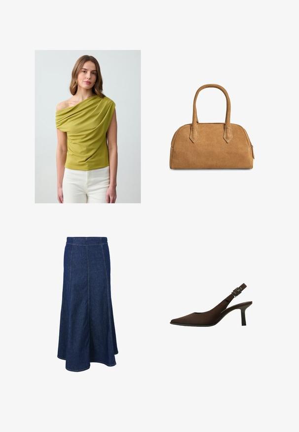 Veste courte en cuir marron avec un col cranté, trois boutons et deux poches avant. Texture lisse avec une forme structurée.; Haut drapé vert avec un design à une épaule, fabriqué en tissu lisse ; présente des plis texturés et une coupe ajustée. Porté avec un pantalon blanc.; Jupe en denim avec une taille ajustée, une coupe évasée et des détails de couture visibles. Couleur bleu foncé avec une texture lisse et des fentes latérales.; Escarpin slingback en daim marron avec un bout pointu, un design épuré, un talon fin et un accent de boucle sur la bride de cheville.; Sac à main en suède beige avec une forme structurée, doté de deux poignées et découpes triangulaires, avec une fermeture éclair sur le dessus.