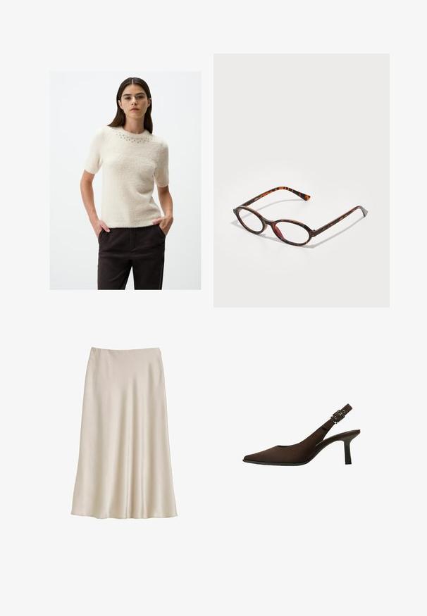 Brown leather cropped jacket with a notched collar, three buttons, and two front pockets. Smooth texture with a structured shape.; Short-sleeve cream sweater in soft, fluffy texture with a round neckline accented by small, decorative silver studs. Worn with dark pants.; Cream-colored satin skirt with a flowing silhouette. Features a smooth texture and an elastic waistband for comfort. No additional details.; Brown suede slingback pump with a pointed toe, sleek design, thin heel, and a buckle accent on the ankle strap.; Tortoiseshell sunglasses with oval lenses, featuring a dark frame with light and dark brown patterns, and slender, curved temples.; Beige leather shoulder bag with a crescent shape, smooth texture, and a single curved handle. Features a zip closure and neat stitching.