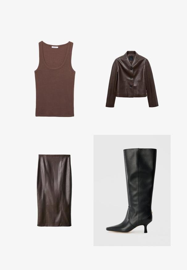 Braune Leder-Cropped-Jacke mit Spitzkragen, drei Knöpfen und zwei vorderen Taschen. Glatte Textur mit strukturierter Form.; Braunes Baumwoll-Tanktop mit rundem Ausschnitt und breiten Trägern, das eine glatte Textur und ein lässiges Design aufweist.; Brauner Leder-Bleistiftrock mit glatter Textur, knielang, mit vertikalen Nähten zur Gestaltung. Keine zusätzlichen Beschläge oder Akzente.; Schwarze Lederknöchelhohe Stiefel mit spitzem Zeh, schlankem Design und taperiertem 8 cm Absatz. Mit einem goldenen Akzent auf der Rückseite.