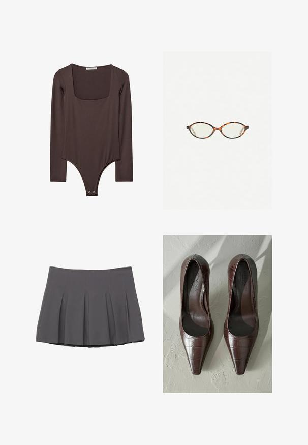 Giacca cropped in pelle marrone con colletto a revers, tre bottoni e due tasche frontali. Texture liscia con una forma strutturata.; Body marrone a maniche lunghe con scollo quadrato e chiusure a scatto all'inguine, realizzato in un tessuto liscio e elastico.; Gonna grigia a pieghe con texture liscia, caratterizzata da dettagli cuciti e una vita aderente, che termina a metà coscia.; Tacchi alti in pelle verniciata marrone con punta affilata, caratterizzati da una texture a coccodrillo e un interno liscio. Progettati per un aspetto elegante.; Occhiali in tartaruga con lenti ovali e una finitura liscia e elegante. Presentano aste sottili con una leggera curva alle tempie. Lenti trasparenti.; Borsa a spalla nera in pelle con una texture liscia, forma curvata e una sola tracolla regolabile con hardware dorato e un accento con il logo.