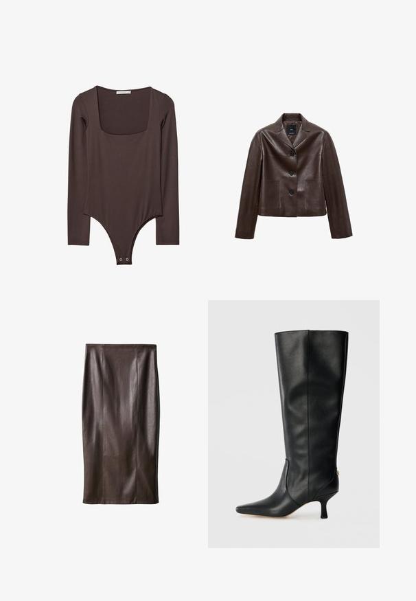 Braune Leder-Cropped-Jacke mit Spitzkragen, drei Knöpfen und zwei vorderen Taschen. Glatte Textur mit strukturierter Form.; Brauner Langarm-Body mit quadratischem Ausschnitt und Druckknöpfen im Schritt, hergestellt aus einem glatten, dehnbaren Stoff.; Brauner Leder-Bleistiftrock mit glatter Textur, knielang, mit vertikalen Nähten zur Gestaltung. Keine zusätzlichen Beschläge oder Akzente.; Schwarze Lederknöchelhohe Stiefel mit spitzem Zeh, schlankem Design und taperiertem 8 cm Absatz. Mit einem goldenen Akzent auf der Rückseite.