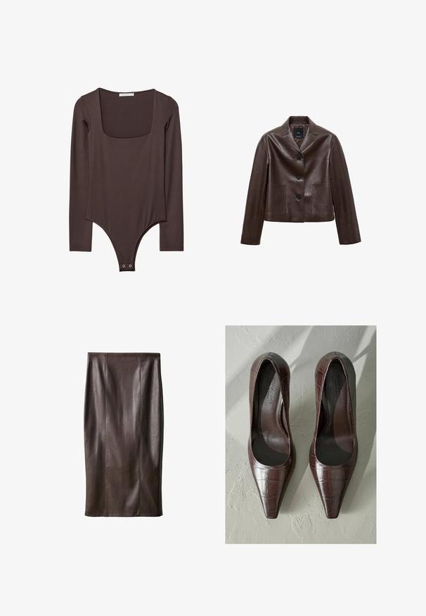 Smeđa kožna skraćena jakna s resastim ovratnikom, tri dugmeta i dva prednja džepa. Glatka tekstura s strukturiranim krojem.; Smeđi bodi dugih rukava s kvadratnim izrezom i kopčama na preponama, izrađen od glatkog, rastezljivog materijala.; Smeđa kožna suknja olovka glatke teksture, do koljena, s vertikalnim šavovima za dizajn. Bez dodatnih elemenata ili ukrasa.; Smeđe lakirane kožne štikle s oštrim vrhom, s krokodil uzorkom i glatkom unutrašnjošću. Dizajnirane za elegantan izgled.