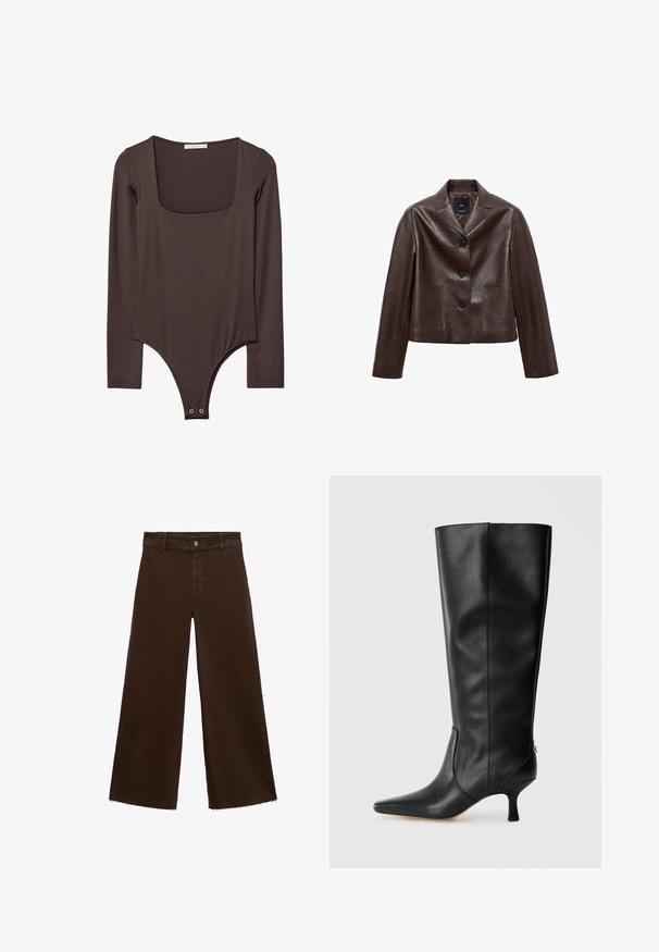 Hnědá kožená zkrácená bunda s klopovým límcem, třemi knoflíky a dvěma předními kapsami. Hladká textura se strukturovaným tvarem.; Hnědý dlouhý rukáv bodysuit s čtvercovým výstřihem a patentkami v rozkroku, vyrobený z hladkého, elastického materiálu.; Hnědé kalhoty širokého střihu z bavlněné směsi, s třepicí na lemu, předním zapínáním na knoflík a klasickým designem pěti kapes. Minimalistické a univerzální.; Černá kožená vysoká kozačka s špičatou špičkou, štíhlým designem a zúženým 3palcovým podpatkem. Obsahuje zlatý akcent na zadní straně.