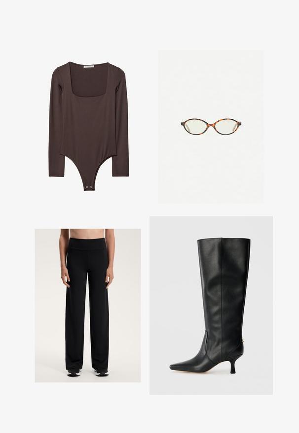 Rjav usnjen kratek jakna z izrezanim ovratnikom, tremi gumbi in dvema sprednjima žepoma. Gladka tekstura z strukturirano obliko.; Rjav bodi z dolgimi rokavi in kvadratnim izrezom ter ježki na preponah, izdelan iz gladkega in elastičnega materiala.; Črne široke športne hlače z visokim pasom. Narejene iz gladkega, raztegljivega materiala, z udobnim fitom in rahlo teksturo.; Črne usnjene škornje do kolen s koničastim nosom, elegantnim dizajnom in zoženim 3-palčnim peto. Imajo zlat poudarek na zadnji strani.; Kornjačaste očala z ovalnimi lečami in gladko, sijočo površino. Imajo tanke stranice z rahlim ovinkom na templjih. Prosojne leče.