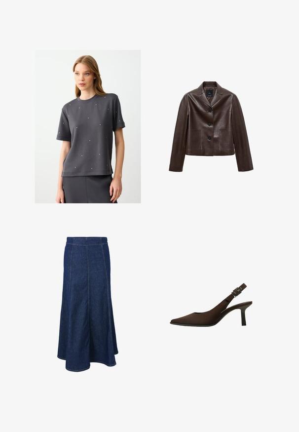Bruine leren cropped jack met een notch-kraag, drie knopen en twee voortassen. Glad textuur met een gestructureerde vorm.; Grijze sweatshirt met korte mouwen en een ronde hals, versierd met verspreid aangebrachte kleine rhinestones. Soepele stof met een ontspannen pasvorm.; Jeansrok met een aansluitende tailleband, uitlopende snit en zichtbare stiksels. Donkerblauwe kleur met een gladde textuur en zijsplitten.; Bruine suede slingback pump met een spitse neus, slank ontwerp, dunne hak en een gespaccent op de enkelband.