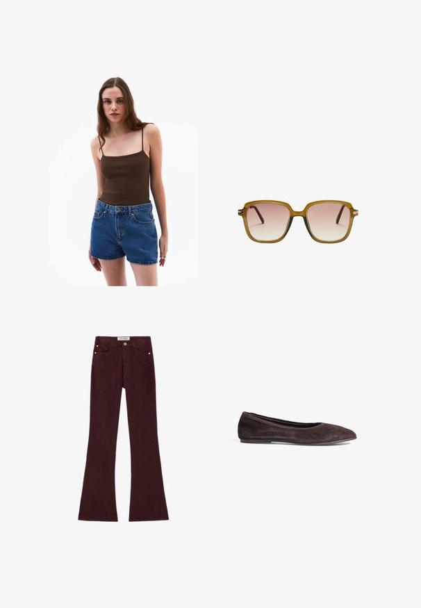 Braune Leder-Cropped-Jacke mit Spitzkragen, drei Knöpfen und zwei vorderen Taschen. Glatte Textur mit strukturierter Form.; Braunes geripptes Tanktop mit dünnen Trägern, kombiniert mit hochgeschnittenen blauen Denimshorts mit seitlichen Taschen und goldfarbener Knopfleiste.; Bordeauxfarbene ausgestellte Jeans aus einem Baumwollmischgewebe, mit fünf Taschen, Metallbeschlägen und einer glatten Textur. Klassisches Design mit Reißverschluss auf der Vorderseite.; Braune Wildleder-Ballerinas mit spitzem Absatz und niedrigem Profil. Verfügt über eine glatte Textur und ein minimalistisches Design. Keine sichtbaren Beschläge oder Akzente.; Quadratische Sonnenbrille mit einem hellbraunen transluzenten Rahmen, gradienten pinken Gläsern und dunkelbraunen Bügeln. Minimalistisches Design mit subtilen Hardware-Akzenten.