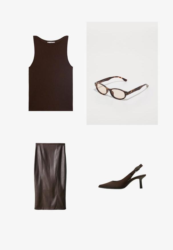 Rjav usnjen kratek jakna z izrezanim ovratnikom, tremi gumbi in dvema sprednjima žepoma. Gladka tekstura z strukturirano obliko.; Brahk brezrokavnik iz rebraste tkanine. Ima okroglo ovratnico in ravno spodnje robove, brez vidnih logotipov ali vzorcev.; Rjav usnjeni svinčnik mini krilo z gladko teksturo, do kolen, z navpičnimi šivi za oblikovanje. Brez dodatnih kovinskih delov ali okrasov.; Rjav semiš slingback pump s koničastim nosom, elegantno zasnovo, tankim petam in zaponko na angleškem traku.; Očala iz morskega želvovca z zaobljeno obliko in svetlimi lečami. Imajo trde ročke z majhnimi zlatimi detajli, narejena so iz plastičnega materiala.