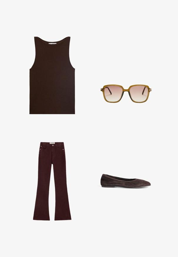 Brown leather cropped jacket with a notched collar, three buttons, and two front pockets. Smooth texture with a structured shape.; Brown sleeveless tank top made of ribbed fabric. Features a rounded neckline and straight hem, with no visible logos or patterns.; Burgundy flared jeans made of cotton blend fabric, featuring five pockets, metal hardware, and a smooth texture. Classic design with front zipper.; Brown suede ballet flat with a pointed toe and low profile. Features smooth texture and minimalistic design. No visible hardware or accents.; Square sunglasses with a light brown translucent frame, gradient pink lenses, and dark brown temple arms. Minimalist design with subtle hardware accents.