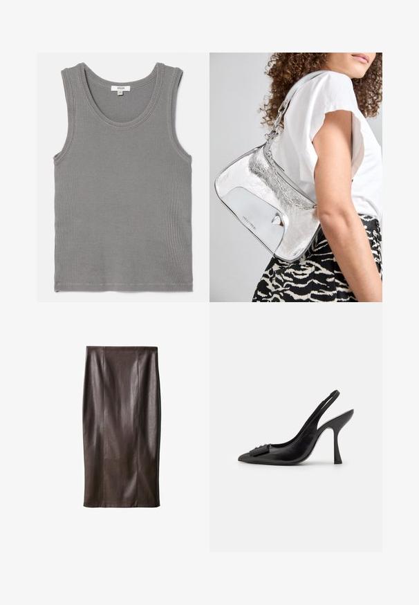 Bruine leren cropped jack met een notch-kraag, drie knopen en twee voortassen. Glad textuur met een gestructureerde vorm.; Grijze geribde tanktop met een ronde halslijn en brede armsgaten. De stof is zacht met een subtiele textuur en afgewerkte randen. Maatlabel zichtbaar.; Bruine leren kokerrok met een gladde textuur, knie-lang, met verticale naden voor het ontwerp. Geen extra hardware of accenten.; Zwarte leren slingback schoen met een spitse neus, slanke hoge hak en een decoratieve strikaccent. Gladde textuur en elegant ontwerp.; Zilverkleurige schoudertas van metaal met een gladde textuur, gebogen ontwerp, kettinghengsel en een gepolijste voorpaneel met een subtiele logo-engraving.