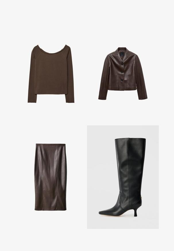 Hnědá kožená zkrácená bunda s klopovým límcem, třemi knoflíky a dvěma předními kapsami. Hladká textura se strukturovaným tvarem.; Hnědý dlouhý rukáv s širokým výstřihem, vyrobený z měkkého materiálu, s volným střihem a minimem švů pro hladký siluetu.; Hnědá kožená sukně na tužku se hladkou strukturou, délka po kolena, s vertikálními švy pro design. Žádné další kovové prvky nebo akcenty.; Černá kožená vysoká kozačka s špičatou špičkou, štíhlým designem a zúženým 3palcovým podpatkem. Obsahuje zlatý akcent na zadní straně.