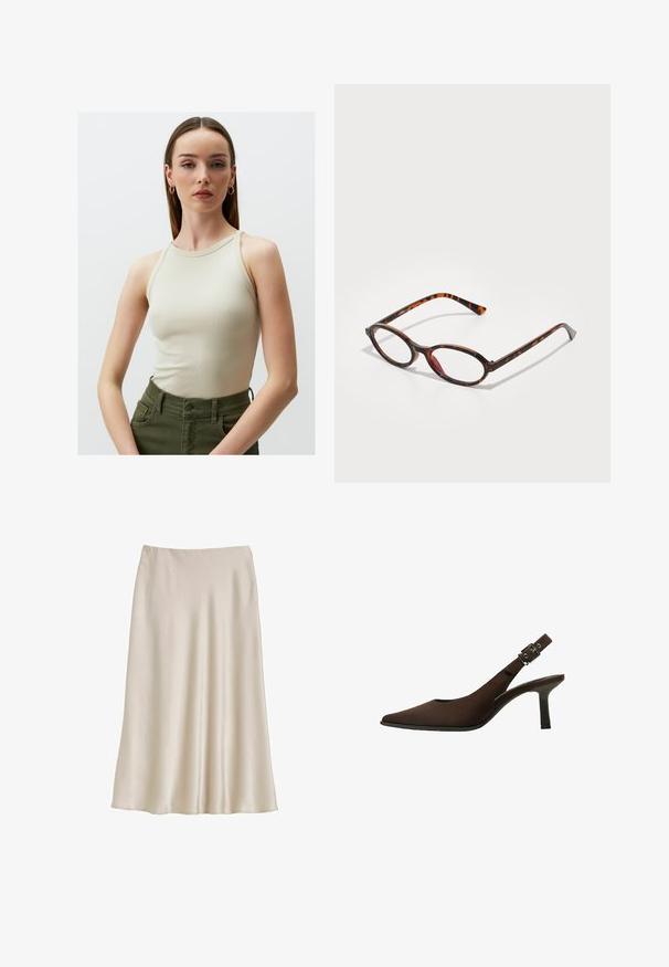 Brown leather cropped jacket with a notched collar, three buttons, and two front pockets. Smooth texture with a structured shape.; Ribbed beige tank top with a high neckline and narrow straps, paired with dark green high-waisted trousers featuring side pockets.; Cream-colored satin skirt with a flowing silhouette. Features a smooth texture and an elastic waistband for comfort. No additional details.; Brown suede slingback pump with a pointed toe, sleek design, thin heel, and a buckle accent on the ankle strap.; Tortoiseshell sunglasses with oval lenses, featuring a dark frame with light and dark brown patterns, and slender, curved temples.; Beige leather shoulder bag with a crescent shape, smooth texture, and a single curved handle. Features a zip closure and neat stitching.