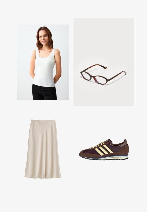 Brązowa skórzana kurtka o kroju krótkim z klapami, trzema guzikami i dwoma przednimi kieszeniami. Gładka faktura z wyraźnie zarysowanym kształtem.; Biały prążkowany t-shirt bez rękawów z okrągłym dekoltem, szerokimi ramiączkami i dopasowanym krojem. Wykonany z gładkiego materiału o delikatnej teksturze.; Kremowa satynowa spódnica o płynnej sylwetce. Posiada gładką fakturę i elastyczny pas dla wygody. Brak dodatkowych szczegółów.; Brązowe i burgundowe sneakersy wykonane z zamszu i siateczkowych materiałów, z trzema kremowymi paskami, teksturowanym materiałem na języku i gumową podeszwą.; Okulary przeciwsłoneczne w kolorze żółwi z owalnymi soczewkami, z ciemną oprawką w jasne i ciemne brązowe wzory oraz smukłymi, zakrzywionymi zausznikami.; Beżowa skórzana torba na ramię o kształcie półksiężyca, gładkiej fakturze i pojedynczym zakrzywionym uchwycie. Posiada zamek błyskawiczny oraz staranne przeszycia.