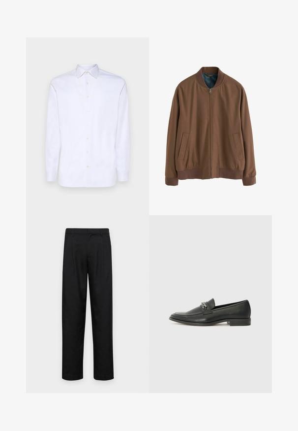 Barna bomberdzseki puha anyagból, elöl cipzárral, bordázott mandzsettákkal és két oldalsó zsebbel. A belső része kontrasztos kék bélésű.; Fehér, hosszú ujjú, gombos ing, sima pamutból, hegyes gallérral és hat elülső gombbal, standard mandzsettákkal.; Fekete nadrág sima anyagból, egyenes szárú fazonnal, két elülső redővel és közönséges derékkal, övhurkokkal.; Fekete bőr loaferek sima felülettel, varrott mintával és díszítő fém lánccal a cipő elején. Lapos sarok.