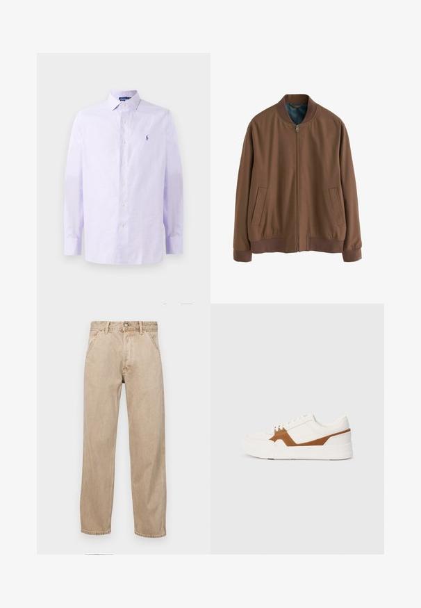 Hnedá bomberka vyrobená z mäkkej tkaniny so zipsom vpredu, rebrovanými manžetami a dvoma bočnými vreckami. Interiér má kontrastnú modrú podšívku.; Svetlofialová košela na gombíky s kockovaným vzorom, klasickým golierom, dlhými rukávmi a malým vyšitým logom na hrudi.; Bežové denimové rifle so strihom rovného nohu, s prednými vreckami, kovovým zapínaním na gombík a jemnou textúrou.; Biele tenisky s hnedými zamšanovými detailmi, ktoré majú textúrovaný povrch, okrúhly špic, hrubú podrážku a klasický dizajn na šnurovanie.