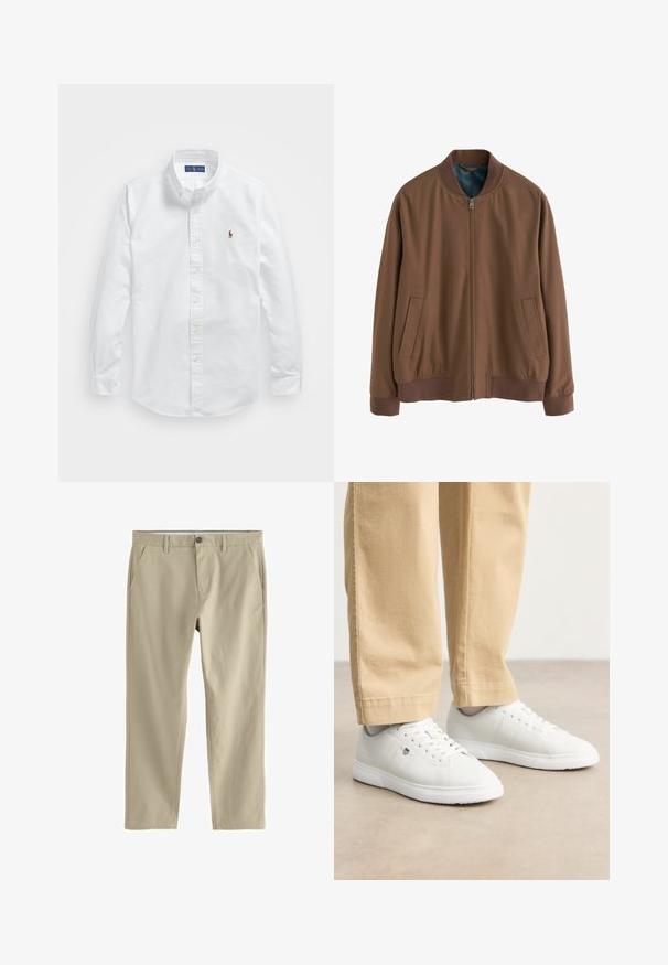 Hnedá bomberka vyrobená z mäkkej tkaniny so zipsom vpredu, rebrovanými manžetami a dvoma bočnými vreckami. Interiér má kontrastnú modrú podšívku.; Biela bavlnená košeľa na gombíky s klasickým golierom, dlhými rukávmi a malým vyšitým logom na ľavej hrudi.; Béžové nohavice rovného strihu s opaskovými pútkami, dvoma bočnými vreckami, predným gombíkom a zipsovým zapínaním.; Biele kožené tenisky s hladkým povrchom, s okrúlym špičkou, šnurovaním a jemným logom na boku, skombinované s béžovými nohavicami.