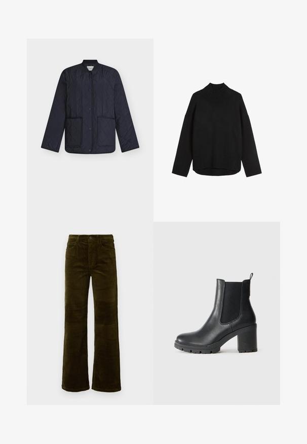 Marineblå quiltet jakke med diamantmønster, ribbet krave, trykknapper og to forlommer. Letvægtsstof med en glat tekstur.; Sort strikket sweater med høj ribkant, afslappet pasform, sænkede skuldre og ribbet kant. Blød tekstur, minimalistisk design.; Fløjel flared bukser i dyb olivengrøn. Har fem lommer, en knaplukning og lodrette ribbede strukturer. Standard pasform med et klassisk design.; Sort læder ankelstøvle med elastiske sidepaneler, chunky gummisål og høj blokhæl. Har et trækstrop bagpå.