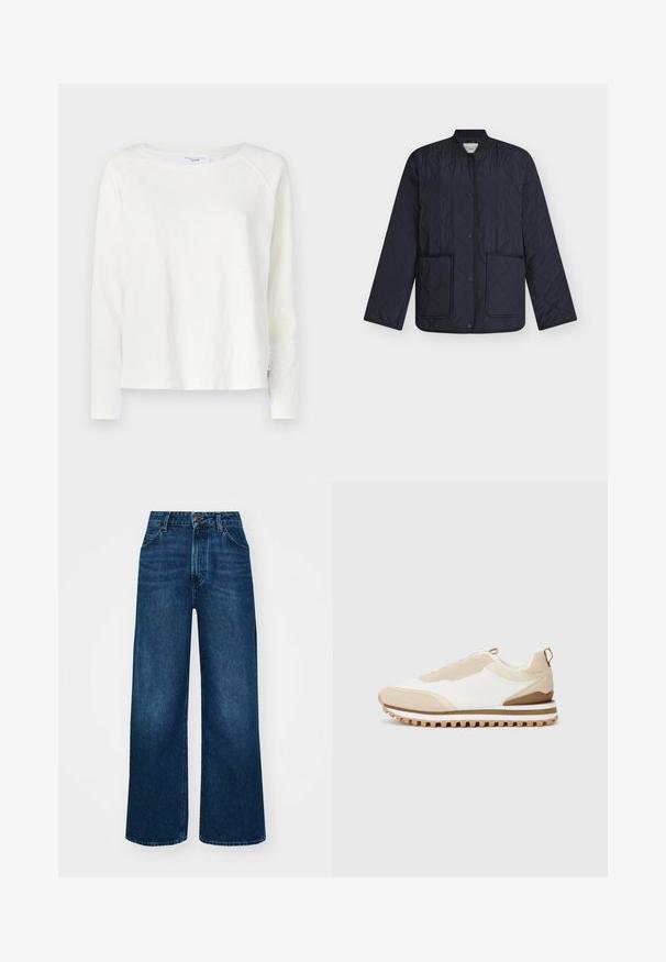 Marinblå vadderad jacka med diamantmönster, ribbad krage, tryckknappar och två framfickor. Lätt tyg med slät textur.; Vit långärmad skjorta i mjukt och lätt tyg. Har rundad halsringning och en något avslappnad passform med raglanärmar.; Hög midja, vida jeans i mörkblå denim med en smidig textur, kontrasterande sömmar och femficksdesign. Frontknäppning.; Beige och vit låg sneaker med texturerad sula och dragflik vid hälen, visad på en enkel ljus bakgrund, sidovy.