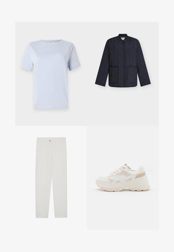 Tumši zila pāršūta jaka ar dimanta rakstu, ribotiem apkakli, spiedpogu aizdari un diviem priekšējiem kabatām. Viegls audums ar gludu tekstūru.; Gaiši zils īsām piedurknēm t-krekls, izgatavots no mīksta auduma, ar apaļu kakla izgriezumu un smalku logotipa druku. Vienkāršs dizains, brīva piegriezuma.; Baltas, pielāgots bikses ar taisnu kāju dizainu, ar pogu aizdari, jostu cilpām un sānu kabatām; gluda auduma tekstūra.; Baltās un gaiši rozā kedas ar masīvu zoli, teksturētu audumu, gludu ādas akcentu un dekoratīvām izšuvuma detaļām.