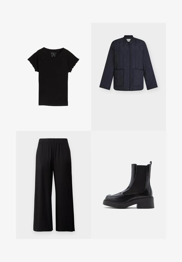 Giacca imbottita blu navy con motivo a diamante, collo a costine, bottoni a pressione e due tasche frontali. Tessuto leggero con texture liscia.; T-shirt nera a maniche corte con scollatura rotonda, realizzata in tessuto morbido. Presenta bordi arrotondati sulle maniche e dettagli di cucitura minimi.; Pantaloni neri a gamba larga realizzati in un tessuto morbido ed elastico. Presentano una vita elasticizzata e una texture liscia, adatti per un abbigliamento casual.; Stivali Chelsea neri con tacco spesso, caratterizzati da una tomaia in pelle lucida e pannelli elastici laterali per una facile calzata. Suola in gomma solida.