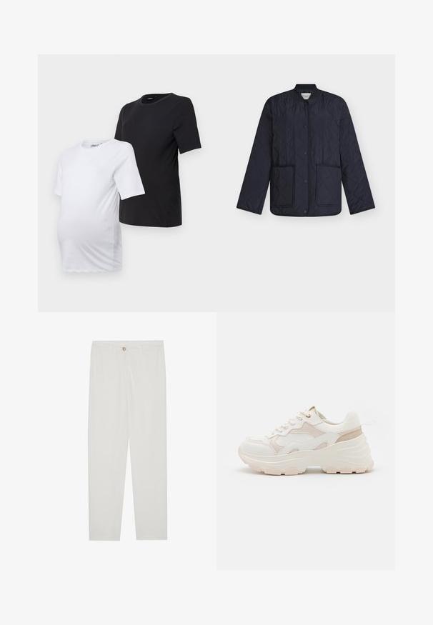 Navy quilted jacket with diamond pattern, ribbed collar, snap buttons, and two front pockets. Lightweight fabric with a smooth texture.; Two short-sleeve maternity t-shirts: one in white and one in black. Both feature a round neck and soft, smooth cotton fabric for comfort.; White, tailored trousers with a straight leg design, featuring a button closure, belt loops, and side pockets; smooth fabric texture.; White and light pink sneaker featuring a chunky sole, textured fabric, smooth leather accents, and decorative stitching details.