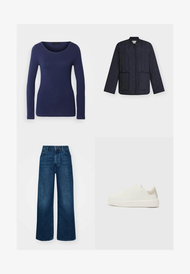 Marinblå vadderad jacka med diamantmönster, ribbad krage, tryckknappar och två framfickor. Lätt tyg med slät textur.; Marinblå långärmad T-shirt i mjukt material med rund halsringning och figurnära design. Inga synliga mönster eller accent.; Hög midja, vida jeans i mörkblå denim med en smidig textur, kontrasterande sömmar och femficksdesign. Frontknäppning.; Vit lågt skuren sneaker med en slät yta, med en ljusbeige mockadetalj vid hälen och en tjock vit gummisula.