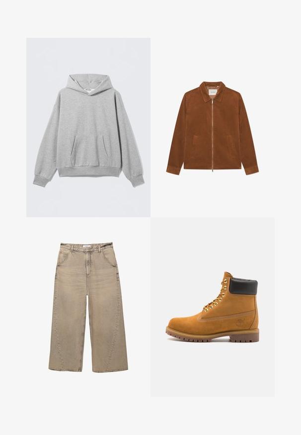 Ruskea corduroy-takki, jossa on vetoketjusuljenta, kaulus ja kaksi etutaskua. Ominaisuuksiin kuuluu ribbitekstuuri ja pitkät hihat.; Vaaleanharmaa huppari pehmeästä kankaasta, jossa edessä tasku, resorit hihansuissa ja rento istuvuus, kauluksessa etiketti.; PULL&BEAR MEGA BAGGY - Baggy-farkut - light grey; Valkoinen nahkainen nilkkuri mustalla pehmustetulla kauluksella, kultaisilla metallisilla rei'illä, valkoisella ompeluksella ja jykevällä kumipohjalla, jossa on selvästi näkyvät urat.