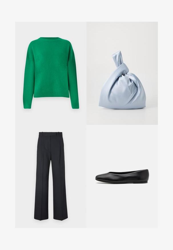 Cappotto in misto lana beige con colletto alto, chiusura frontale con zip, tasche laterali e maniche ampie; texture liscia e design minimalista.; Maglione verde a maglia con vestibilità rilassata, scollo rotondo, spalle scese e orlo a costine. Texture liscia con una finitura uniforme.; Pantaloni a righe blu scuro con vita alta, design a gamba larga e senza hardware o decorazioni visibili. Tessuto liscio e vestibilità sartoriale.; Paul Smith TOPANGA - Ballerine - black; Nanushka JEN - Borsa a mano - ice blue