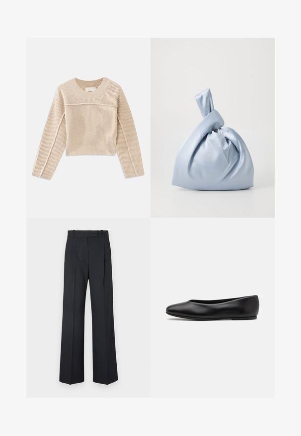 Beige wool blend coat with a high collar, front zip closure, side pockets, and wide sleeves; smooth texture and minimalistic design.; Beige, ribbed knit cropped sweater with long sleeves, a round neckline, and decorative stitching along the sleeve seams.; Dark blue pinstriped trousers with a high waist, wide leg design, and no visible hardware or embellishments. Smooth texture and tailored fit.; Paul Smith TOPANGA - Ballet pumps - black; Nanushka JEN - Handbag - ice blue