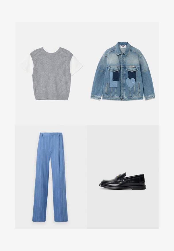 Lichtblauwe denimjas met patchworkontwerpen, inclusief rechthoekige en hartvormige patches, voorzakken met kleppen en een knoopsluiting.; Grijze gebreide trui met korte witte mouwen. Getextureerd ribpatroon, ronde halslijn en cropped zoom. Zachte stof met een ontspannen pasvorm.; Lichtblauwe wijde broek met verticale witte strepen. Gemaakt van een gladde stof, met een voorplooien en een strakke tailleband.; Zwarte leren instapper met een gestikt ontwerp, een kleine voorklep en een platte rubberen zool. Glad textuur met goudkleurige hardware accent.