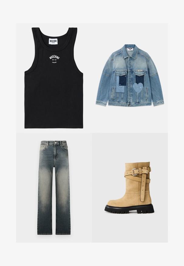 Gai zila džinsa jaka ar uzšūtiem rakstiem, tostarp taisnstūra un sirds formas uzplečiem, priekšējām kabatām ar atloku un pogu aizdari.; Melna ribota tank top ar apaļu dekoltē. Centrā uz krūšu daļas ir balts izšuvums ar logo "MOSCHINO Jeans 86 23". Gluda tekstūra.; Augsta vidukļa taisna griezuma džinsi ar izbalējušu gaišu un tumšu denimu un klasisko piecu kabatu dizainu.; Cauri suede vidusceļa zābaki ar melnu masīvu zoli, sudraba sprādzes siksnām, kas krustojas sānos, un iepresēta Moschino Milano logo tuvumā augšdaļā.