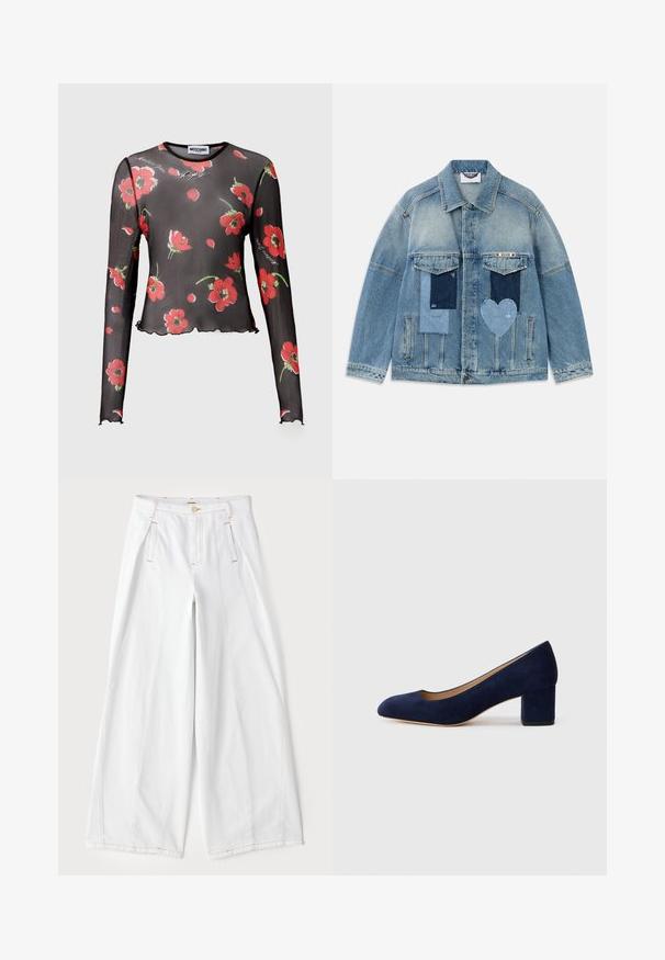 Gai zila džinsa jaka ar uzšūtiem rakstiem, tostarp taisnstūra un sirds formas uzplečiem, priekšējām kabatām ar atloku un pogu aizdari.; Melnā caurspīdīgā krekla ar garām piedurknēm, kas rotāta ar sarkanām ziedu motīviem, viļņotu malu un drukātiem uzrakstiem. Izgatavota no viegla, caurspīdīga auduma.; Platmalie balti džinsi ar plašām kājām, ar kontrastējošām oranžām šuvēm, priekšējiem krokām un klasisku piecu kabatu dizainu.; Tumši zili zamšādas kurpes ar norādītu degunu un vidēja augstuma blokveida papēdi. Gluda tekstūra ar smalku spīdumu un nelielu izgriezumu priekšā.