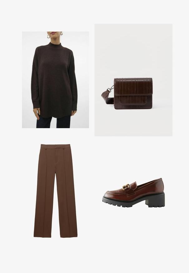Veste surdimensionnée en faux cuir marron avec de larges manches, grand col, boutons à l'avant et deux poches à rabat à l'avant.; Pull en maille texturée, surdimensionné, marron foncé avec un col montant, des épaules tombantes et des poignets côtelés. Se termine par une légère courbe à l'ourlet.; Pantalons brown à jambes larges en tissu lisse ; avec des plis avant doublés et une taille plate avec passants de ceinture.; Mocassin en cuir marron avec un bout arrondi, ornements en or décoratifs et une épaisse semelle en plateforme noire avec une finition texturée.; Sac bandoulière en cuir marron à finition texturée, avec fermeture à rabat, sangle réglable et poche avant. Forme rectangulaire compacte.