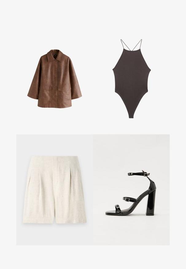 Brun faux läder oversized jacka med vida ärmar, stor krage, frontknappar och två framfickor med lock.; Brun, hög nacke baddräkt med tunna, justerbara remmar; har högskuren ben och slät textur. Inga mönster eller dekorationer.; Ljust beige linshorts med en skräddarsydd design, som har veck och en ren, rak skärning. Slät textur, utan synlig hårdvara eller accenter.; Svarta lackerade klacksandaler med fyrkantig tå, ankelremmar och silverfärgade spännen. Har en kraftig blockklack för stabilitet.