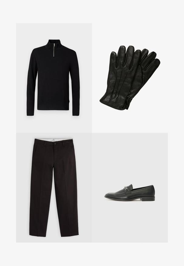 Crni kaput s krojem po mjeri, s reverima, prednjim zatvaranjem na pet dugmadi i dva prednja džepa. Glatka tekstura tkanine.; Crni džemper dugih rukava s visokim ovratnikom i kratkim srebrnim zatvaračem na prednjem dijelu.; Crne ravne chinos hlače s petljama za remen, kopčanjem na dugme i bočnim džepovima, prikazane na svijetlosivoj pozadini.; Crna kožna loafer cipela s glatkom finišem, s ušivenim uzorkom i dekorativnim metalnim lancem preko prednjeg dijela. Ravni potplat.; Crne kožne rukavice glatke teksture, s pet prstiju i suptilnim detaljima šivanja. Klasičan dizajn, pogodan za upotrebu u hladnom vremenu.