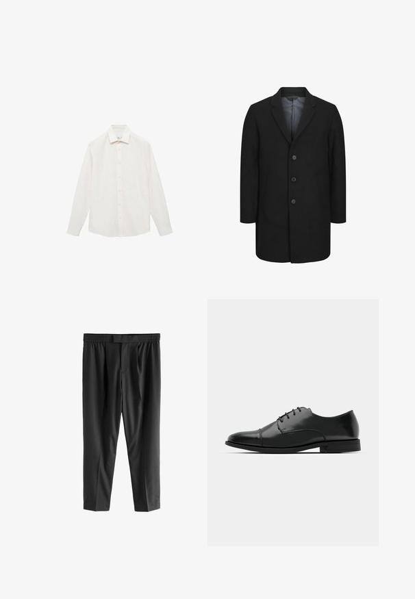 Czarny płaszcz o dopasowanym kroju, z kołnierzem wyciętym, pięcioma guzikami z przodu oraz dwoma przednimi kieszeniami. Gładka tekstura materiału.; Biała koszula z długim rękawem i kołnierzykiem na guziki, ozdobiona subtelnymi pionowymi paskami, z guzikami z przodu i lekko zaokrąglonym dołem.; Next REGULAR FIT czarny; Czarne skórzane buty do garnituru z okrągłym noskiem, sznurowanym zapięciem, subtelnymi detalami przeszycia oraz niskim obcasem. Gładka faktura z polerowanym wykończeniem.