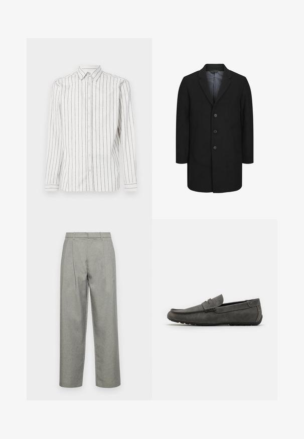 Zwarte overjas met een op maat gemaakt ontwerp, voorzien van een gesneden kraag, vijfknopenssluiting aan de voorkant en twee voorzakken. Soepele stofstructuur.; Witte long-sleeve shirt met zwarte verticale strepen, button-down kraag en knopen aan de voorkant. Zacht materiaal met een gladde textuur.; Grijze op maat gemaakte broeken van gestructureerde stof, met een klassieke rechte pijpdesign, voorplooien en een standaard tailleband met riemlussen.; Grijze suède instapper met een ronde neus, gestikte details en een platte rubberen zool. De schoen heeft een zachte textuur en een accent van een voorste band.
