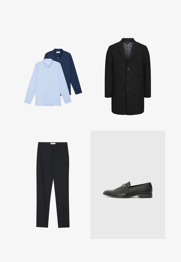 Svart frakk med en skreddersydd design, som har spiss krage, fem-knaps frontlukking og to frontlommer. Glatt tekstur.; To lange ermede skjorter: en lys blå og en marineblå. Begge har knappelukking, spiss krage og en glatt tekstur.; Sorte skrædderbukser med flad front, almindelig pasform, lavet af glat stof, med pressede folder og sidelommer.; Sorte skinnloafers med en glatt finish, og med en sydd design og en dekorativ metallkjedeakcent over foten. Flat hæl.