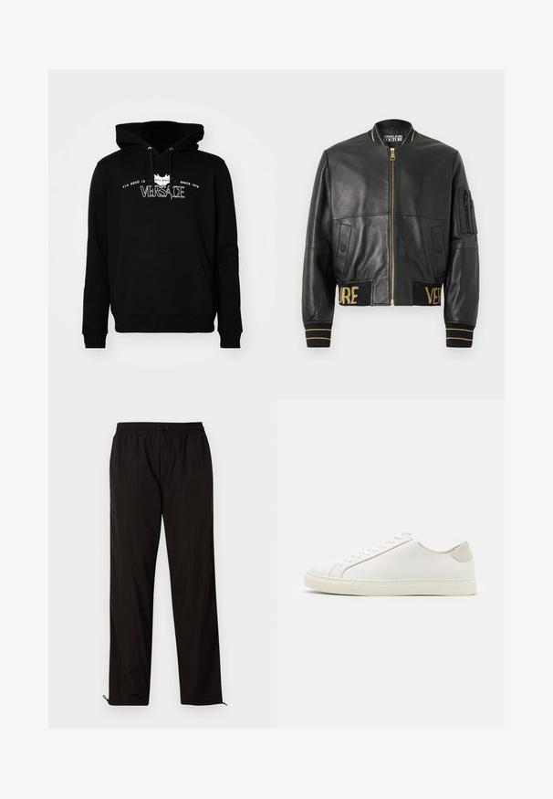 Svart läderbomberjacka med guldaccenter, dragkedjestängning, sidofickor, ribbade ärmslut och midja med "VERSACE" i guldbroderi.; Svart bomullshuva med framficka, justerbara snören och vittryckt logotekst med plats- och årtal.; Svarta lätta byxor med elastisk midja, snörning och dragkedja vid bensluten för justerbar passform. Slät och elegant yta.; Vita lädersneakers med en slät yta, rund tå och minimalistisk design. Har beige detaljer vid hälen och en gummisula.