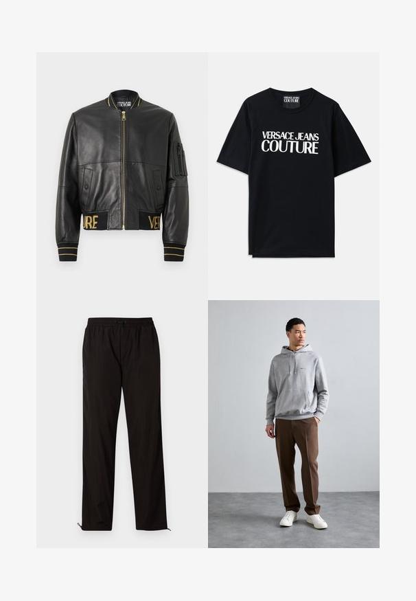 Crna kožna bomber jakna sa zlatnim akcentima, zatvaranje na zip, bočne džepove, rebraste manžete i pojas s izvezenim natpisom "VERSACE" u zlatnoj boji.; Crna pamučna majica s kratkim rukavima s velikim bijelim natpisom "VERSACE JEANS COUTURE" sprijeda. Klasični dizajn s okruglim izrezom.; Crne lagane hlače s elastičnim pojasom, zatvaranjem na vezicu i patentnim zatvaračima na rubovima za podesiv fit. Glatka, elegantna tekstura.; Siva dukserica s kapuljačom i prednjim džepom, s plavim logotipom. Nosena je uz smešane hlače i bele patike na glatkoj sivoj podlozi.
