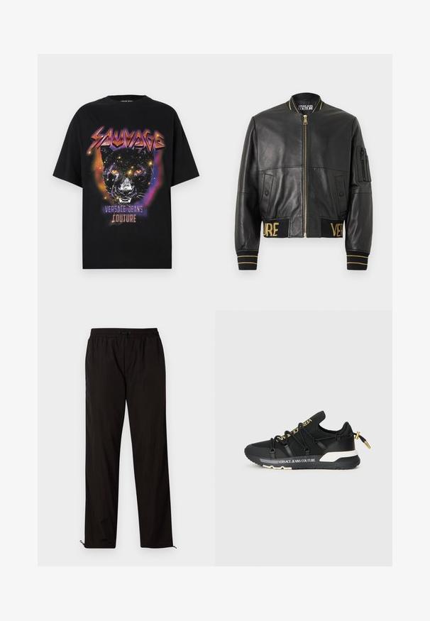 Juodas odinis bomber stilius švarkas su aukso akcentais, užtrauktuko uždarymu, šoninėmis kišenėmis, banguotais rankogaliais ir juosmeniu, kuriame išsiuvinėta "VERSACE" aukso spalva.; Juodas marškinėliai su dideliu grafiniu leopardų veidu, fono su kosmoso vaizdu. Tekstas skaito "Sauvage" ir "Versace Jeans Couture" po juo.; Juodos lengvos kelnės su elastingu juosmeniu, raišteliu ir užtrauktukais apačioje, kad būtų galima pritaikyti dydį. Lygus, glotnus paviršius.; Juodos sportinės kedai su glaustais dizainu, turintys aukso ženklinimą, elastines raišteles ir tekstūruotą padą su baltais akcentais.