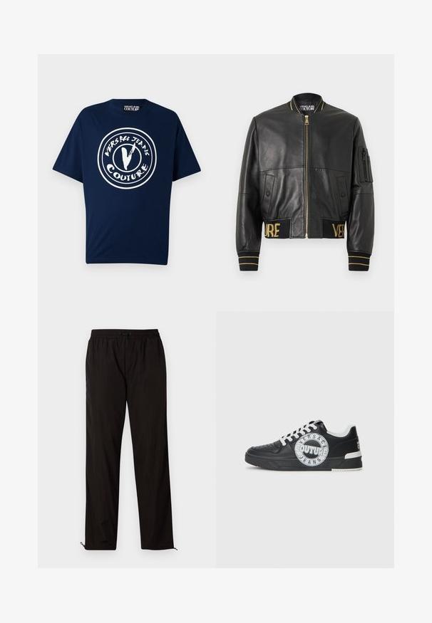 Juodas odinis bomber stilius švarkas su aukso akcentais, užtrauktuko uždarymu, šoninėmis kišenėmis, banguotais rankogaliais ir juosmeniu, kuriame išsiuvinėta "VERSACE" aukso spalva.; Versace Jeans Couture Marškinėliai su spaudiniu - blu; Juodos lengvos kelnės su elastingu juosmeniu, raišteliu ir užtrauktukais apačioje, kad būtų galima pritaikyti dydį. Lygus, glotnus paviršius.; Juodo odinio sportinio avalynė su baltais akcentais, apvaliu logotipo detalizavimu, perforuota priekiu ir kontrastingu padu. Savybės: balti raišteliai ir prekės ženklas.