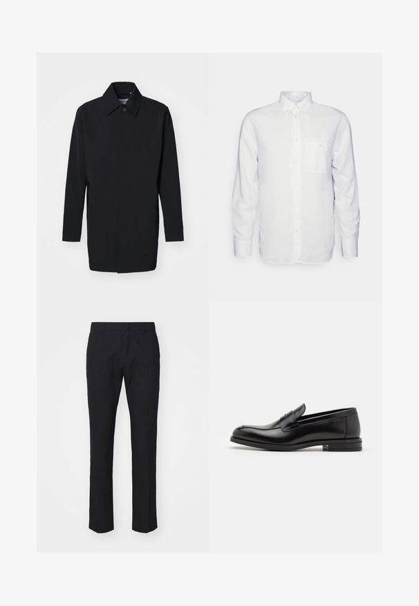 Zwarte lichtgewicht jas met een gestructureerd ontwerp, knoopsluiting en lange mouwen. Gladde textuur en minimalistische stijl zonder patronen.; Witte longsleeve shirt van katoen, met een button-down kraag, een voorzak en een regular fit. Textuurstof met een gladde oppervlakte.; Marineblauwe broek in een tailored snit, gemaakt van soepel materiaal. Bevat een vlakke voorkant, riemlussen en rechte pijpen met een schone zoom.; Zwarte leren instappers met een gladde textuur, ronde neus en een decoratieve band over de wreef. Lage, gestapelde hak en minimalistisch ontwerp.