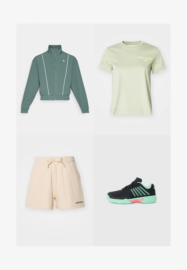 Grønn jakke med glidelås og høy krage, elastisk kant, og hvite sidestiper. Har lange ermer og logo på brystet.; Lys grønn bomull t-skjorte med rund hals og korte ermer. Har hvit trykt tekst på forsiden som sier "BJÖRN BORG STOCKHOLM 1956."; Beige shorts laget av myk stoff, med elastisk midje og snøring samt en liten grønn logo på nederste venstre side.; Svart atletisk sko med teksturert overdel, mintgrønne detaljer og rosa såle. Har lette konstruksjon og pustende design.