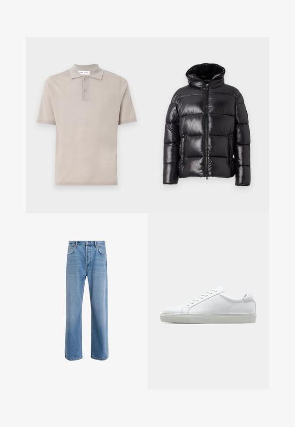 Melna pūkaina jaka ar spīdīgu apdari, ar augstu apkakli, ar rāvējslēdzēju un divām sānu kabatām; quilted dizains siltumizolācijai.; Īsām piedurknēm polo krekls gaiši beiga krāsā no kokvilnas, ar klasisku apkakli, divām pogām priekšpusē un gludu, teksturētu virsmu.; Gai zilas džinsu bikses ar taisnām kājām, piecām kabatām, pogu aizvēršanu, minimālu izbalēšanu un kontrastējošiem šuvju elementiem.; Baltie sporta apavi ar gludu ādas virsu un zemu profilu. Iezīmējas ar noapaļotu purngalu, sešām acīm un teksturētu gumijas zoli.