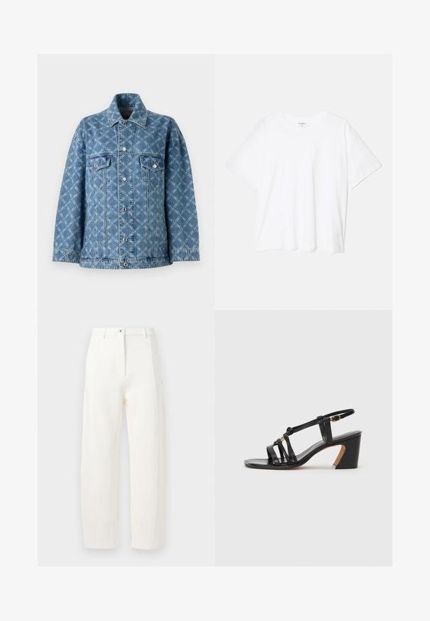Jachetă din denim de culoare albastră, cu un model texturat de un albastru deschis, două buzunare pe piept și nasturi argintii pe față și la manșete.; Tricou alb din bumbac, cu mâneci scurte, guler rotund, croi lejer și tiv cusut. Eticheta este vizibilă pe interiorul gulerului.; Pantaloni alba personalizați cu o croială dreaptă, pliuri frontale, închidere cu fermoar și nasture, și buzunare laterale. Material neted cu un finisaj mat.; Paul Smith AMIRA - Pantofi clasici cu toc - black